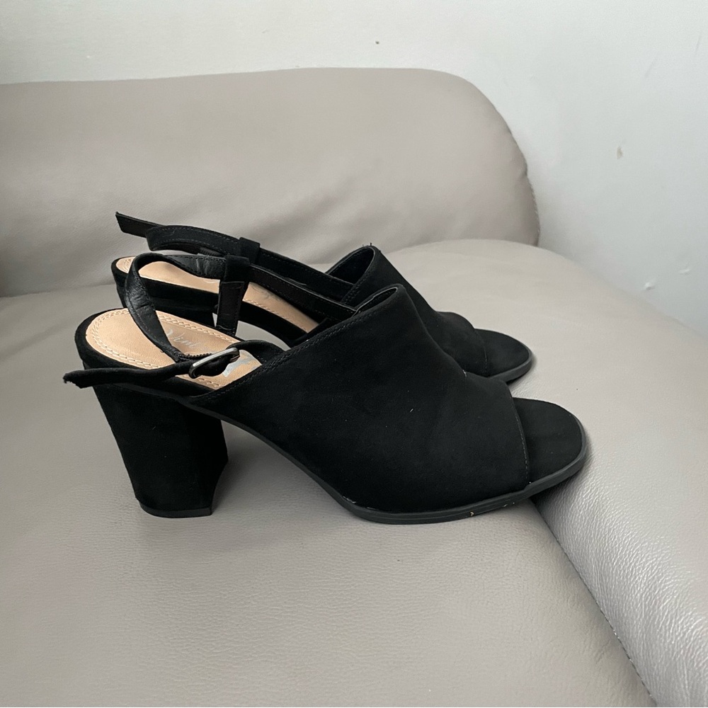 Black Suede Open-Toe Block Heel Slingback
